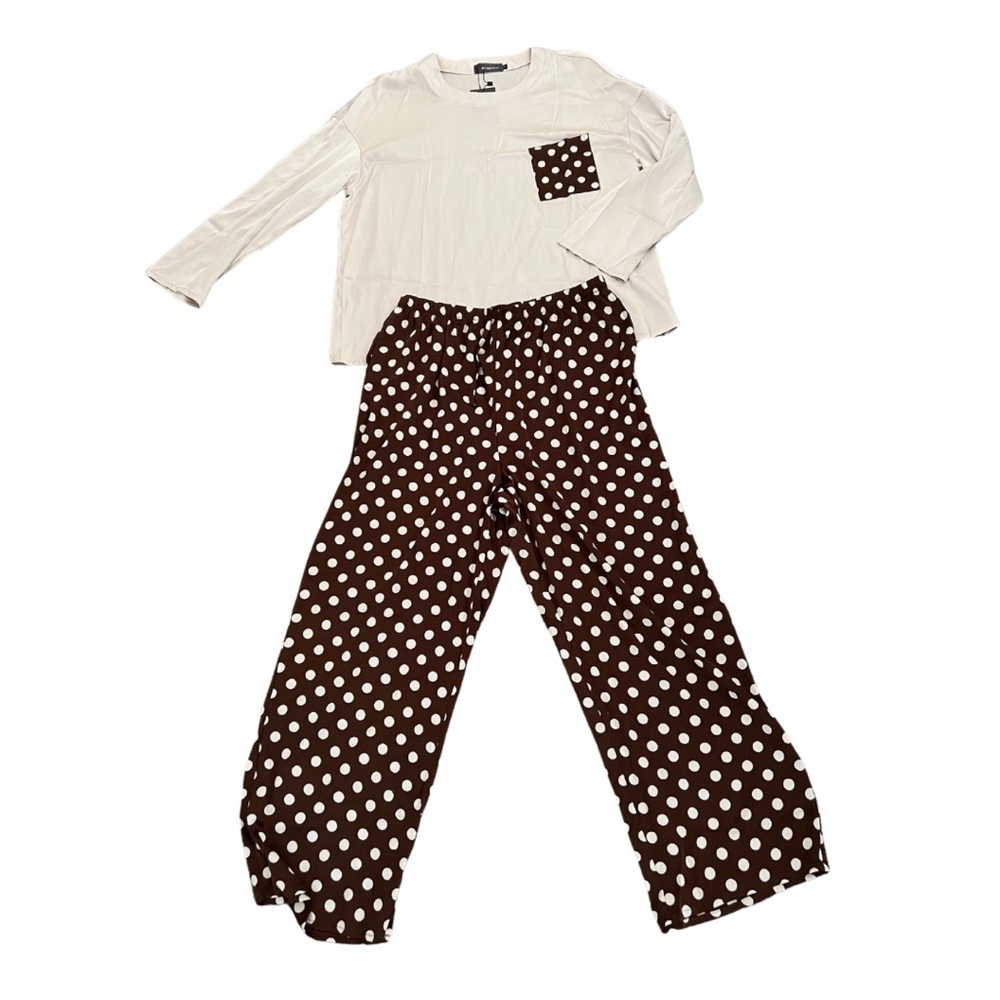 Bloggerlove Women’s Long Sleeve Cream & Brown Polkadot Satin Pajama Set